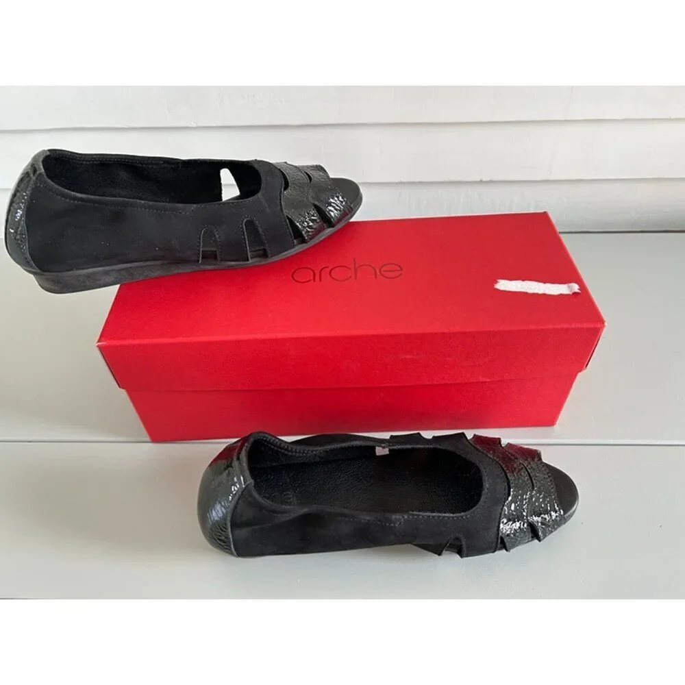 New Arche Womens Black Mix Leather Suede Cutout Ninova Peep Toe Flat EUR Size 37